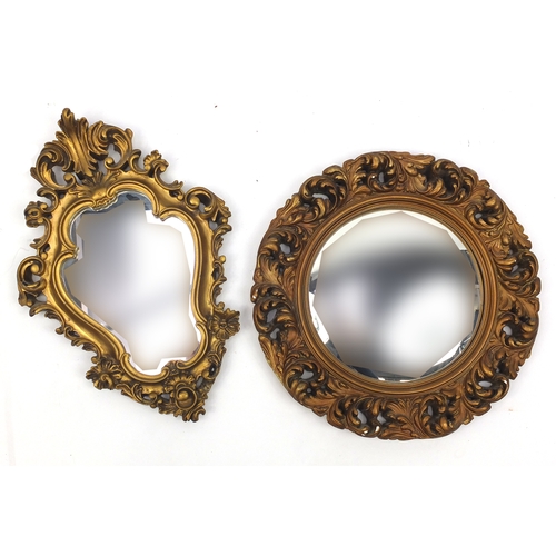 51 - Circular gilt framed convex mirror and a gilt framed cartouche shaped mirror, the convex example 44c... 