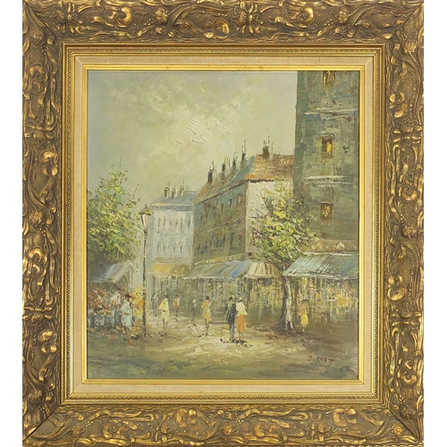 21 - Burnett - Oil on canvas Parisian street scene, ornate gilt framed, 55cm x 50cm