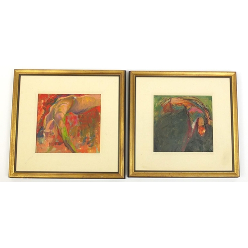 25 - Susan Stewart, two abstract oil on board, nude figures, the largest 34cm x 32cm