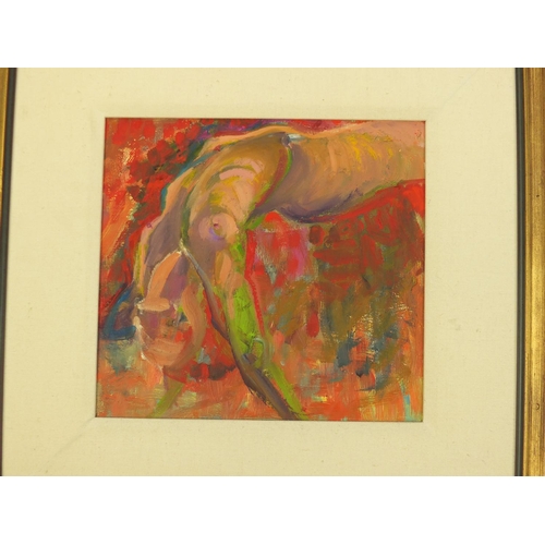 25 - Susan Stewart, two abstract oil on board, nude figures, the largest 34cm x 32cm