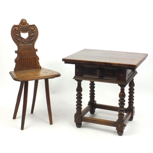 49 - Carved oak hall chair, the back dated 1806 and an mahogany occasional table on turned legs