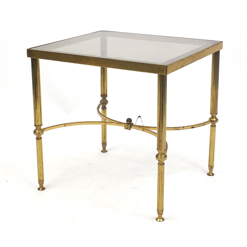 50 - Brass occasional table with reeded legs and glass top, 46cm H x 46cm W x 42cm D