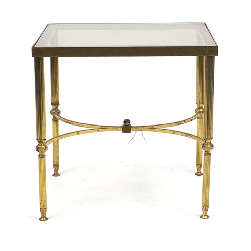 50 - Brass occasional table with reeded legs and glass top, 46cm H x 46cm W x 42cm D