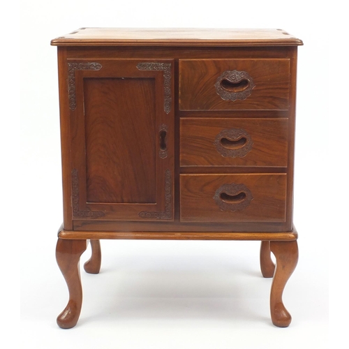 62 - Oriental carved hardwood chest, fitted with a cupboard door and three drawers, 68cm high