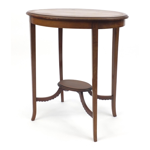 61 - Edwardian oval inlaid mahogany two tier occasional table, 73cm high