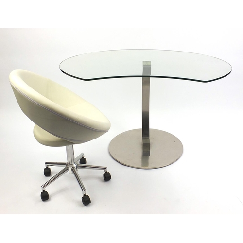 49 - Contemporary polished metal and glass desk with a cream leatherette chair