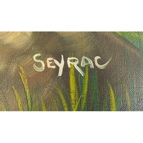 22 - Seyrac, oil on canvas, gun dog chasing a duck, ornate gilt framed, 100cm x 48cm