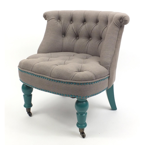2016 - Grey button back tub chair with turquoise painted legs, 68cm high