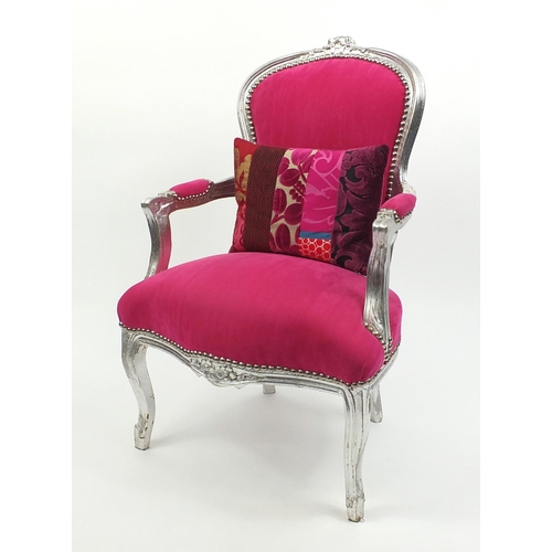 2033 - French style open arm chair with silvered frame and pink upholstery, 93cm high