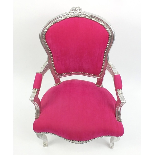 2033 - French style open arm chair with silvered frame and pink upholstery, 93cm high