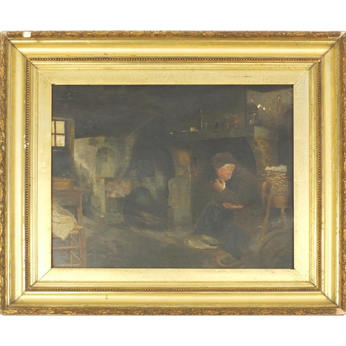 54 - Oil on canvas, man smoking a pipe in an interior, gilt framed, 50cm x 40cm