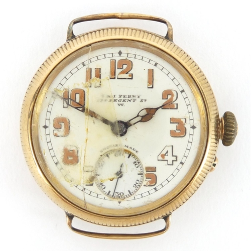 930 - Gentleman's 9ct gold trench watch by T & J Perry of Regent Street London, with luminous hands and su... 