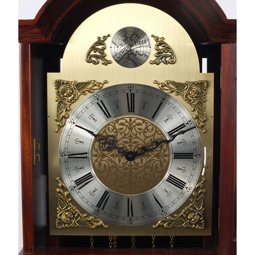 2024 - Tempest Fugit mahogany Grandmother clock with Roman numerals and a silvered chapter ring, 180cm high