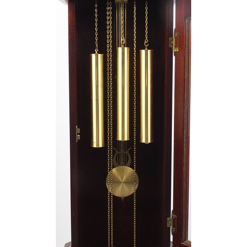 2024 - Tempest Fugit mahogany Grandmother clock with Roman numerals and a silvered chapter ring, 180cm high