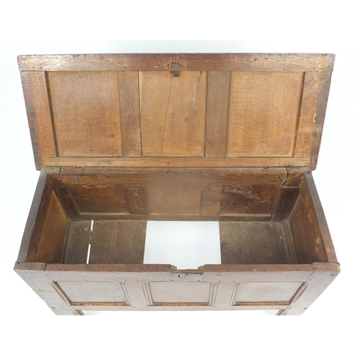 12 - Antique oak panelled coffer, 70cm H x 111cm W x 45cm D