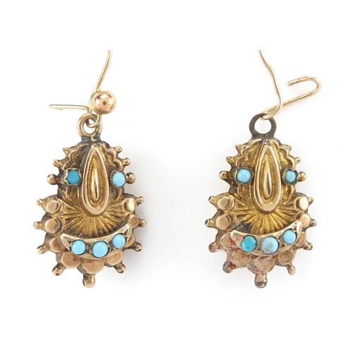 872 - Two pairs of antique style gold coloured metal earrings, set with assorted stones including turquois... 