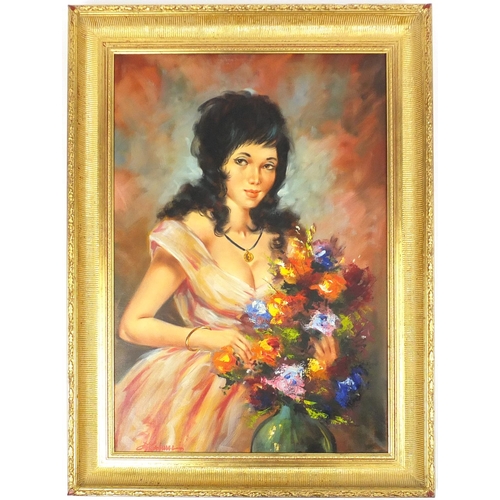 21 - Large oil on canvas, young female with flowers, ornate gilt framed, 90cm x 60cm