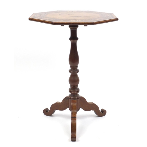 2008 - Olive wood snap top table, the octagonal table inlaid with a central panel of two swallows within a ... 