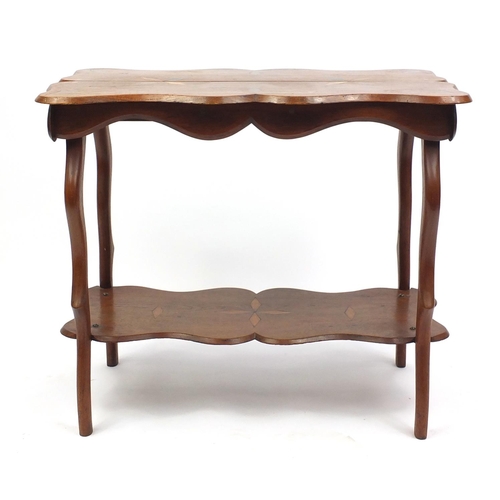 31 - Arts & Crafts style specimen wood occasional table with under tier, 65cm H x 75cm W x 43cm D