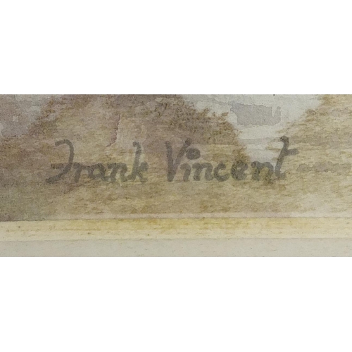 1202 - Frank Vincent - Figures before a river, inscribed Reading Guilds of Artists label verso, mounted and... 