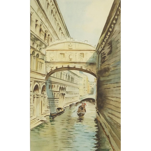 1207 - Venetian canal, watercolour onto card, bearing a signature C E Filleid, mounted and framed, 31cm x 1... 