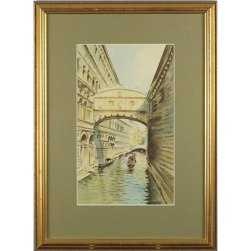 1207 - Venetian canal, watercolour onto card, bearing a signature C E Filleid, mounted and framed, 31cm x 1... 
