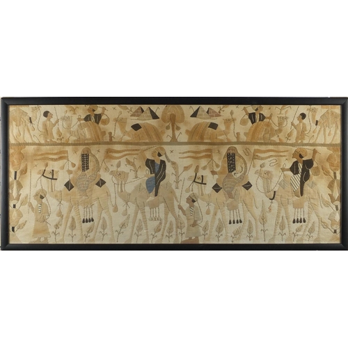 579 - Middle Eastern cloth panel embroidered with figures on camel backs, framed, 101cm x 42cm