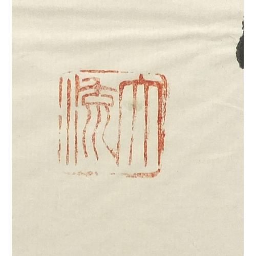 527 - Calligraphy script, two Chinese ink onto paper with red seal marks, both framed, each 135cm x 34cm