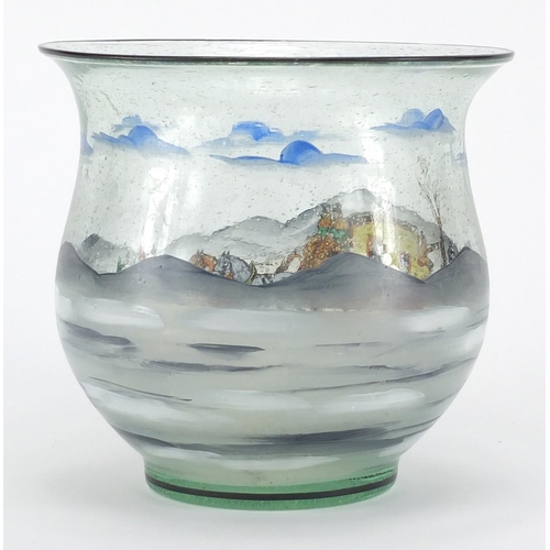 631 - Continental green glass vase hand painted with a continuous coaching scene, 17.5cm high