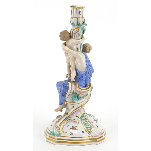 581 - 19th century Meissen porcelain figural candlestick hand painted with birds and insects, blue under g... 