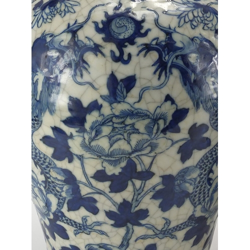 442 - Chinese crackle glazed jardinière and baluster vase, the jardinière hand painted with birds of parad... 