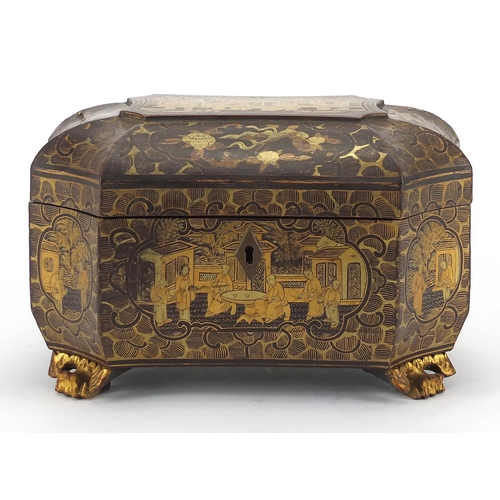 464 - Chinese lacquered tea caddy, hand painted with a panels of figures, the hinged lid opening to reveal... 