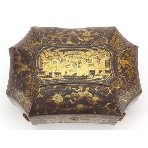 464 - Chinese lacquered tea caddy, hand painted with a panels of figures, the hinged lid opening to reveal... 