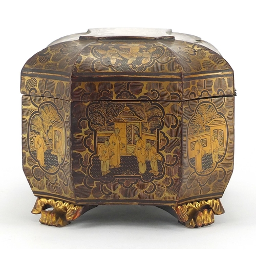 464 - Chinese lacquered tea caddy, hand painted with a panels of figures, the hinged lid opening to reveal... 