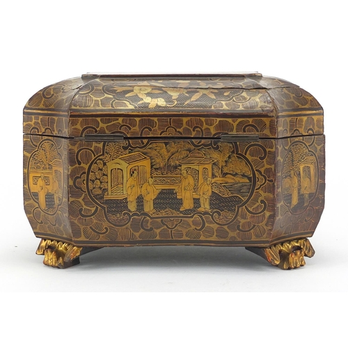 464 - Chinese lacquered tea caddy, hand painted with a panels of figures, the hinged lid opening to reveal... 