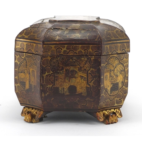 464 - Chinese lacquered tea caddy, hand painted with a panels of figures, the hinged lid opening to reveal... 