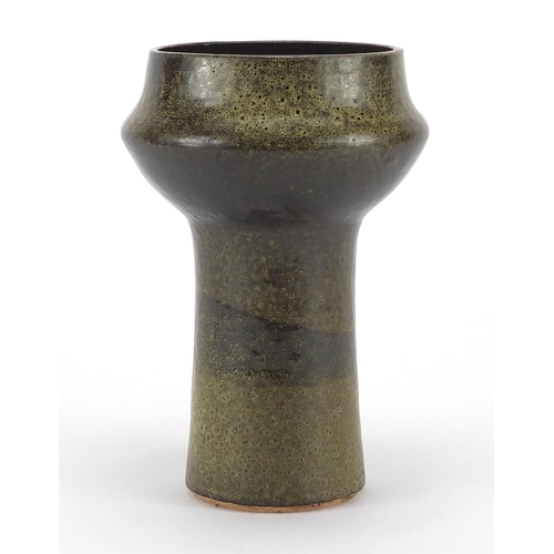 686 - Danish green glazed studio pottery vase, incised marks to the base, 18.5cm high