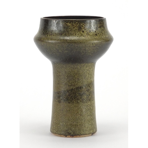 686 - Danish green glazed studio pottery vase, incised marks to the base, 18.5cm high