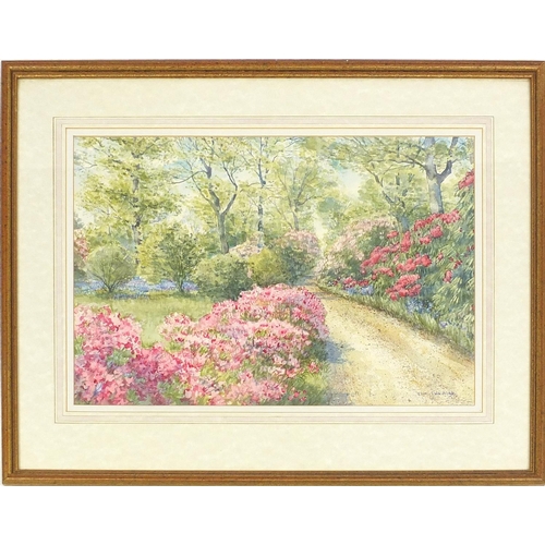 57 - Watercolour, forest scene with flowers in the foreground, bearing a signature Ella Moonbridge,mounte... 