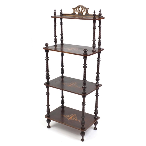 30 - Victorian inlaid mahogany four tier wotnot, 138cm high