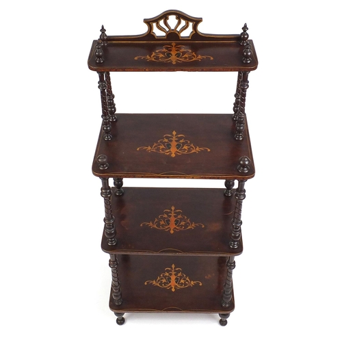 30 - Victorian inlaid mahogany four tier wotnot, 138cm high