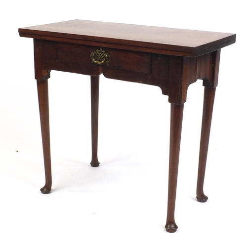 39 - Georgian mahogany card table with folding top above a frieze drawer,  72cm H x 79cm W x 39cm D