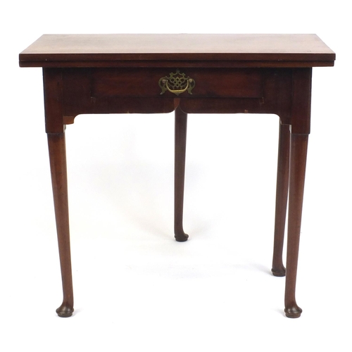 39 - Georgian mahogany card table with folding top above a frieze drawer,  72cm H x 79cm W x 39cm D