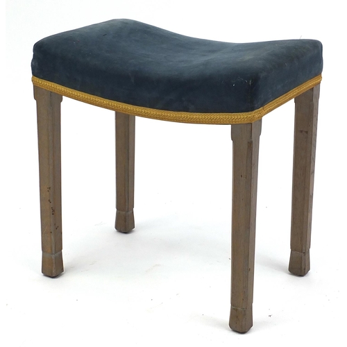 2021 - Elizabeth II oak framed Coronation stool with blue upholstered seat, impressed marks to the undersid... 