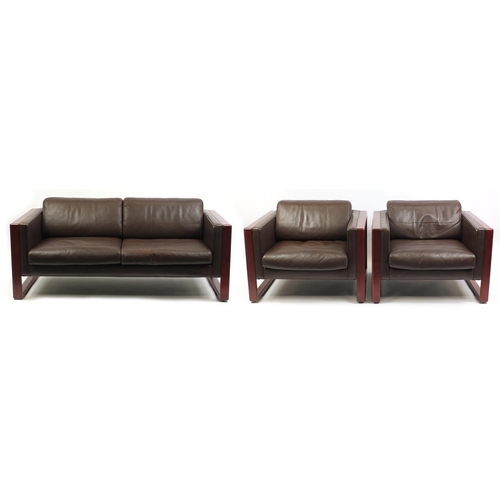 2006 - Vintage Walter Knoll three piece suite comprising a two seater settee and two arm chairs, all with m... 