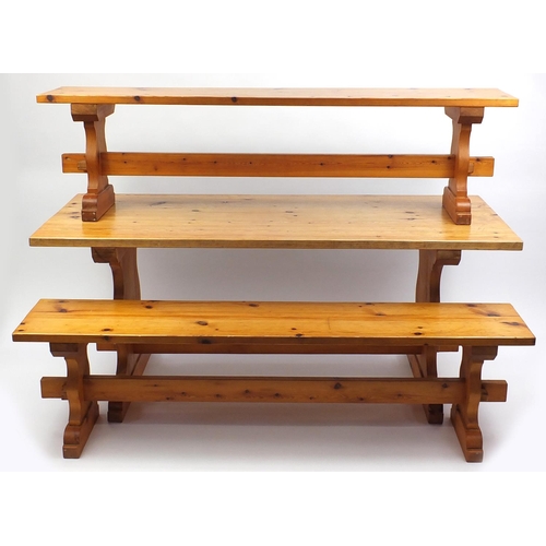 43 - Pine refectory table and two benches, 73cm H x 173cm W x 71cm D
