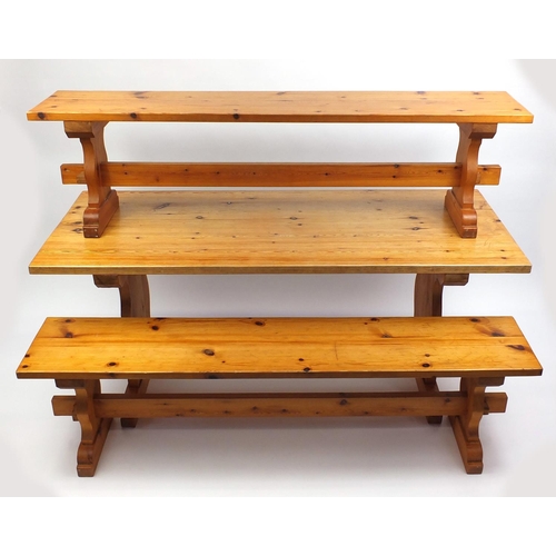 43 - Pine refectory table and two benches, 73cm H x 173cm W x 71cm D