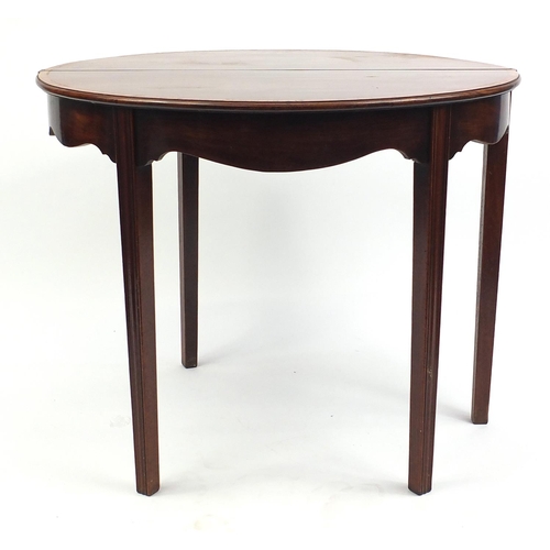 28 - Edwardian inlaid mahogany demi lune tea table, 73cm high