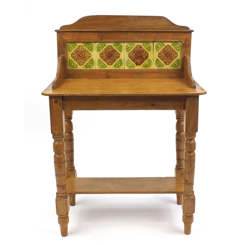 41 - Pine wash stand with tile back, 108cm H x 75cm W x 40cm D