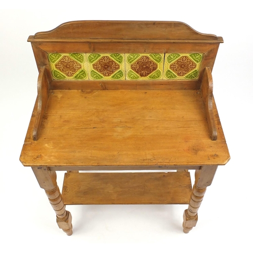 41 - Pine wash stand with tile back, 108cm H x 75cm W x 40cm D